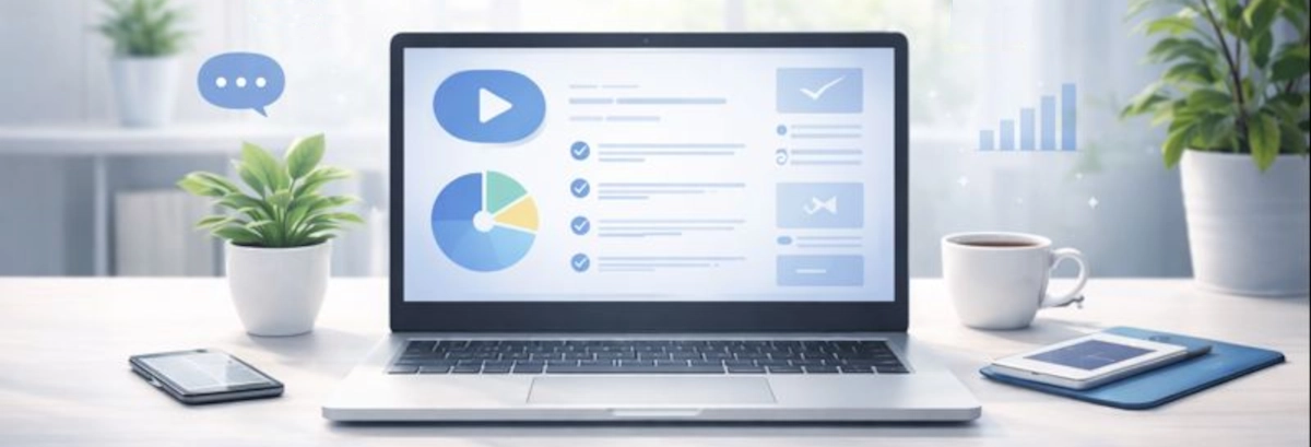 een laptop op een tafel met plantjes en een kop koffie